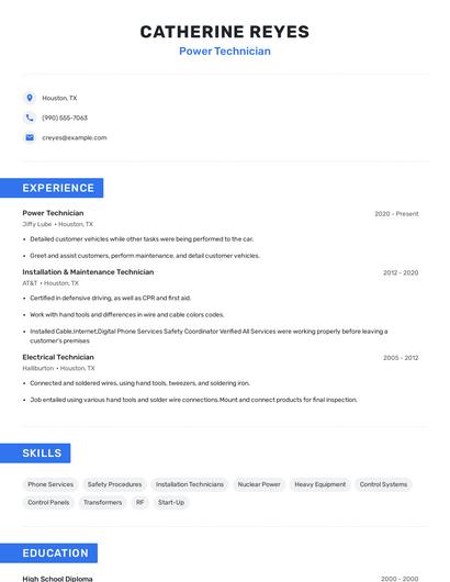 Power Technician Resume