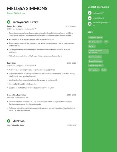 Power Technician Resume