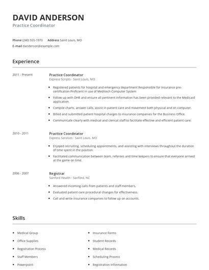 Practice Coordinator Resume