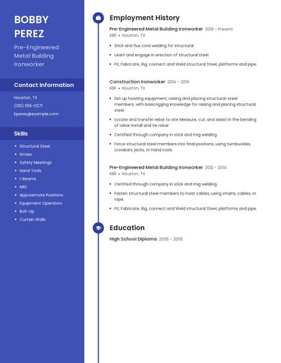 Pre-Engineered Metal Building Ironworker Resume