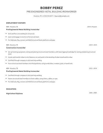 Pre-Engineered Metal Building Ironworker Resume