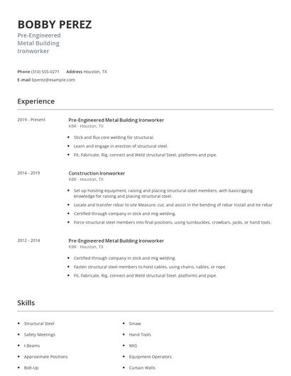 Pre-Engineered Metal Building Ironworker Resume