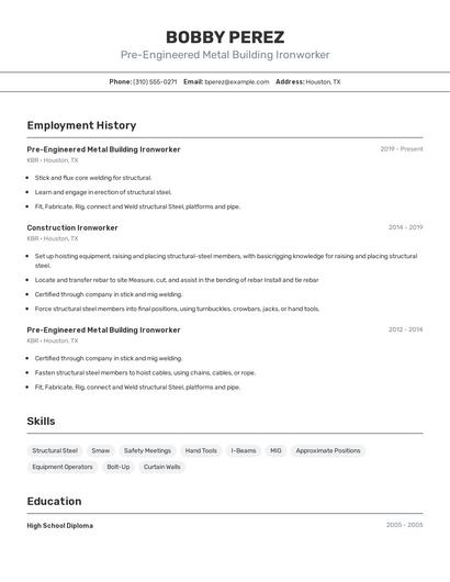Pre-Engineered Metal Building Ironworker Resume