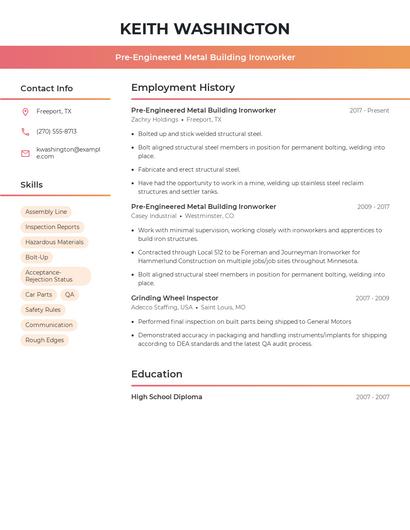 Pre-Engineered Metal Building Ironworker Resume