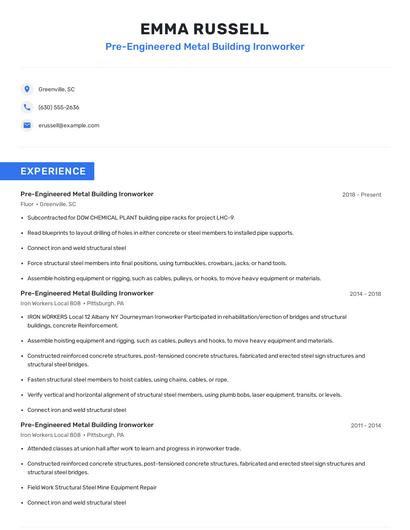 Pre-Engineered Metal Building Ironworker Resume