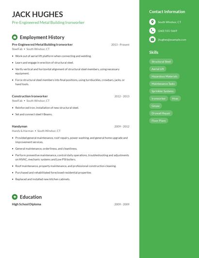 Pre-Engineered Metal Building Ironworker Resume