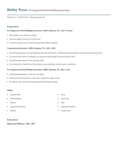 Pre-Engineered Metal Building Ironworker Resume