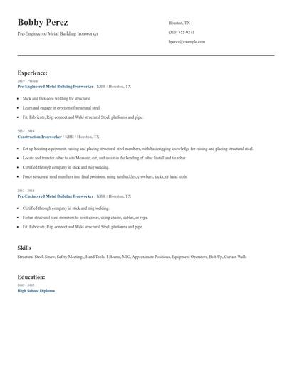 Pre-Engineered Metal Building Ironworker Resume