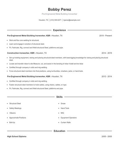 Pre-Engineered Metal Building Ironworker Resume