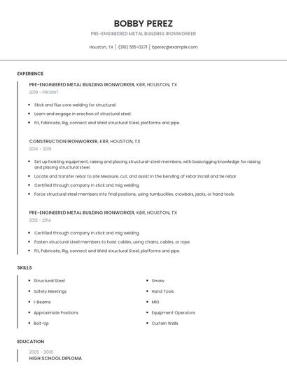 Pre-Engineered Metal Building Ironworker Resume