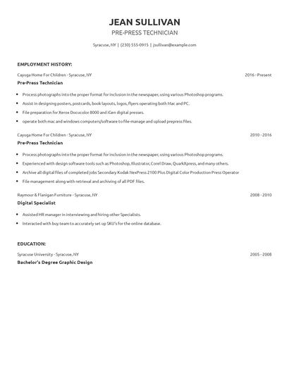 Pre-Press Technician Resume