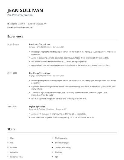 Pre-Press Technician Resume