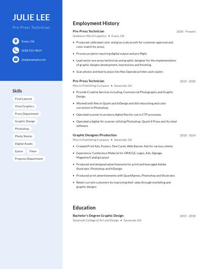 Pre-Press Technician Resume
