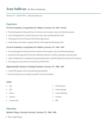 Pre-Press Technician Resume