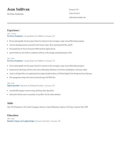 Pre-Press Technician Resume