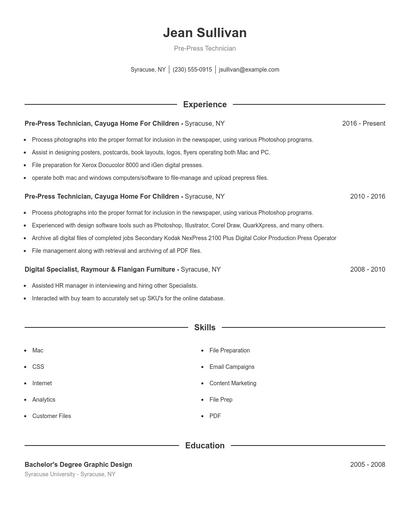 Pre-Press Technician Resume