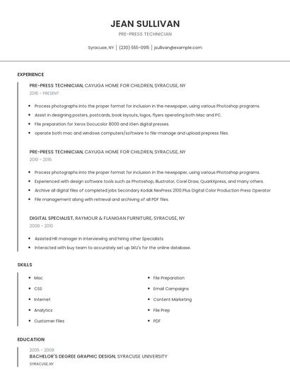 Pre-Press Technician Resume