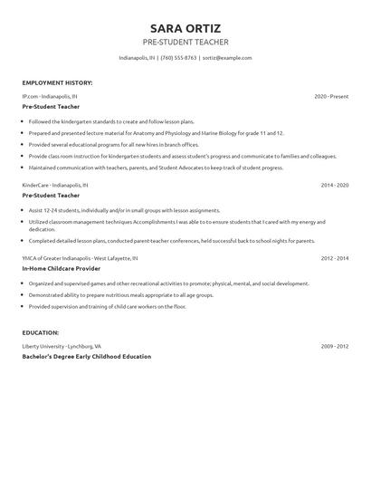 Pre-Student Teacher Resume