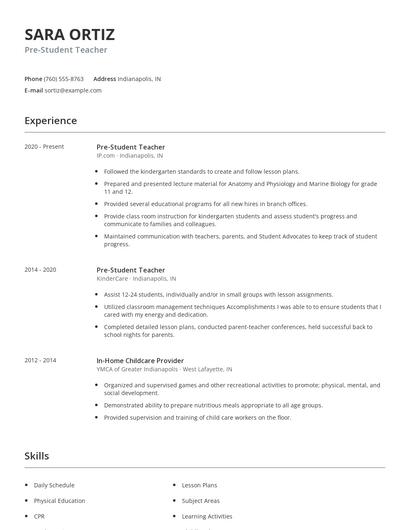 Pre-Student Teacher Resume