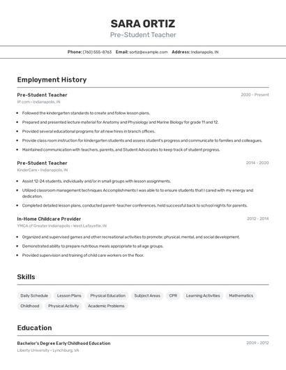 Pre-Student Teacher Resume