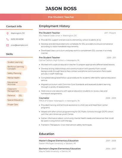 Pre-Student Teacher Resume
