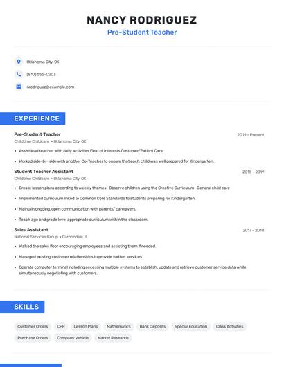 Pre-Student Teacher Resume