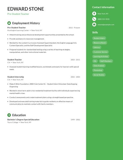 Pre-Student Teacher Resume