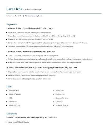 Pre-Student Teacher Resume