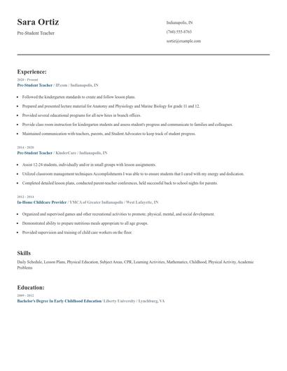 Pre-Student Teacher Resume