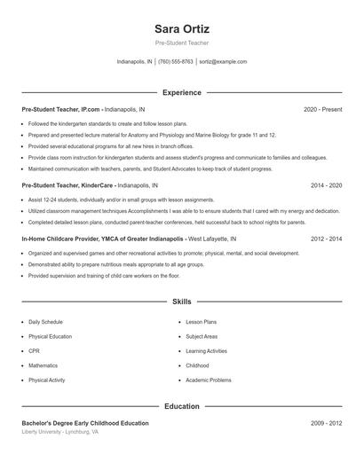 Pre-Student Teacher Resume