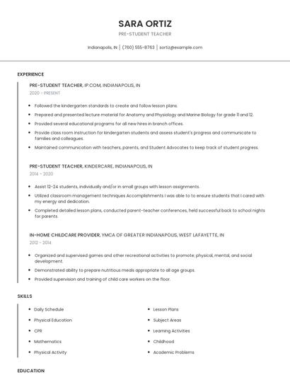 Pre-Student Teacher Resume