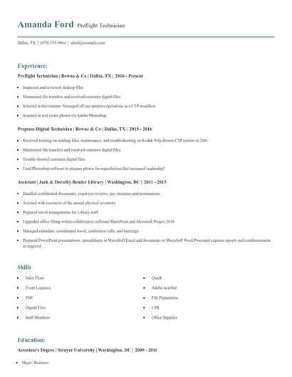 Preflight Technician Resume
