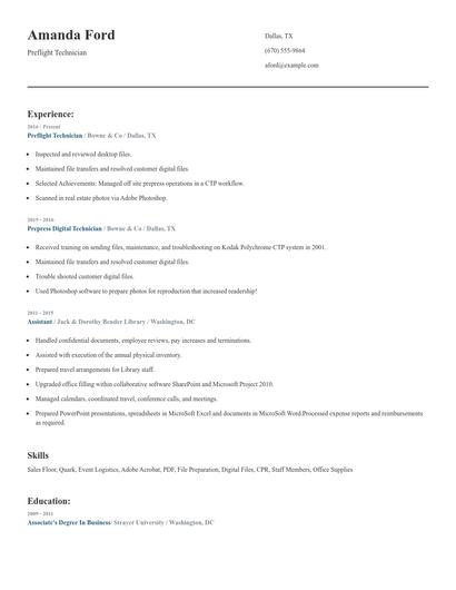 Preflight Technician Resume