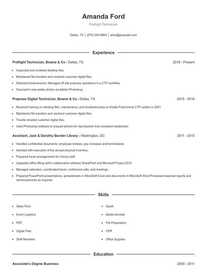 Preflight Technician Resume