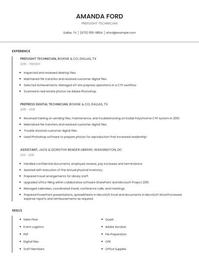 Preflight Technician Resume