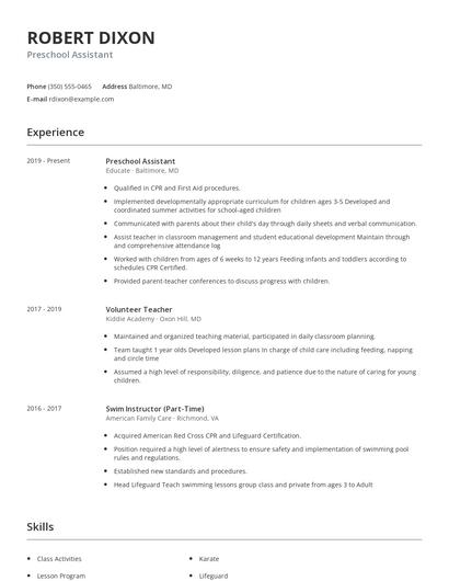 Preschool Assistant Resume