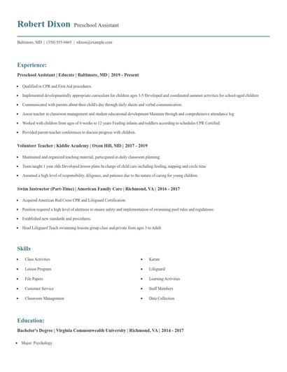 Preschool Assistant Resume
