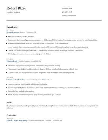 Preschool Assistant Resume