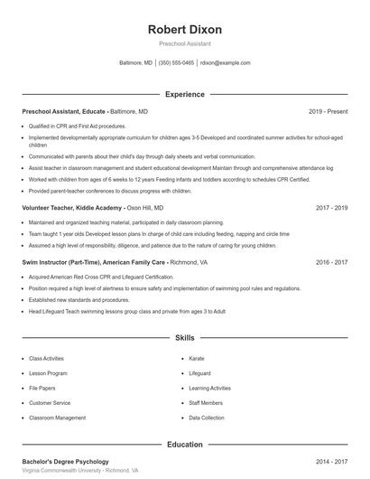 Preschool Assistant Resume