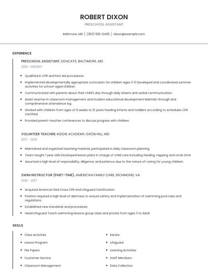 Preschool Assistant Resume