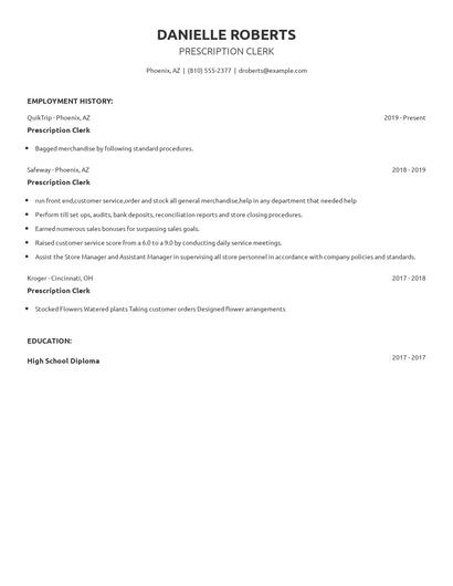 Prescription Clerk Resume