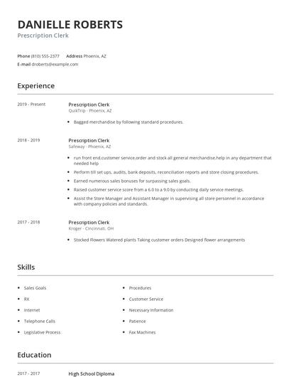 Prescription Clerk Resume