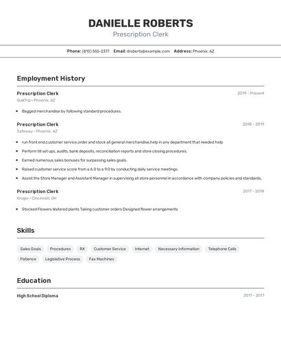 Prescription Clerk Resume
