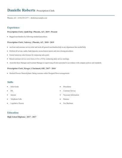 Prescription Clerk Resume