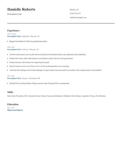 Prescription Clerk Resume