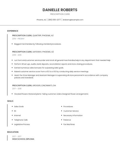 Prescription Clerk Resume