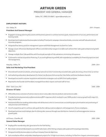 President And General Manager Resume