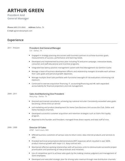President And General Manager Resume