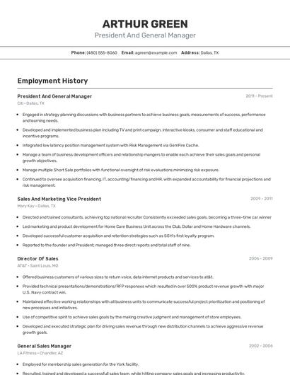 President And General Manager Resume