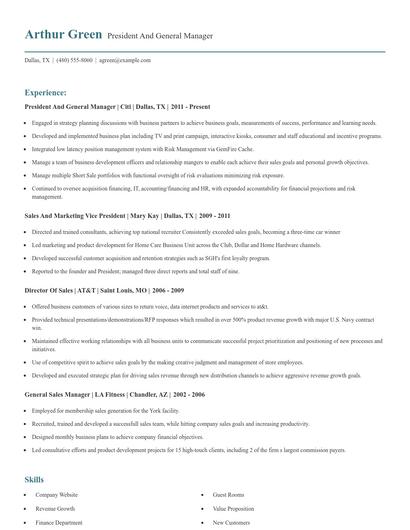 President And General Manager Resume